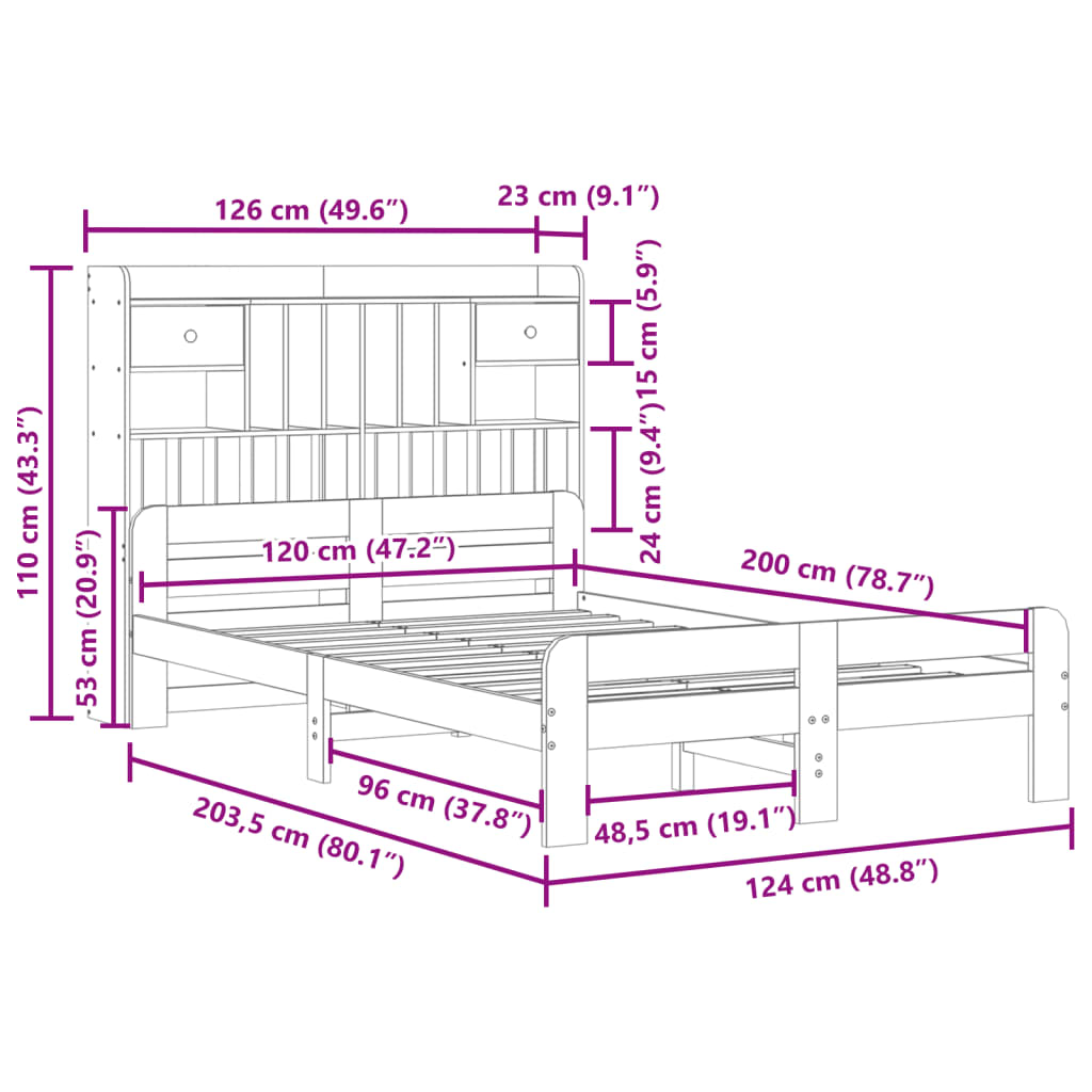 Κρεβάτι Βιβλιοθήκη Χωρίς Στρώμα 120x200 εκ Μασίφ Ξύλο Πεύκο - Pakobazaar