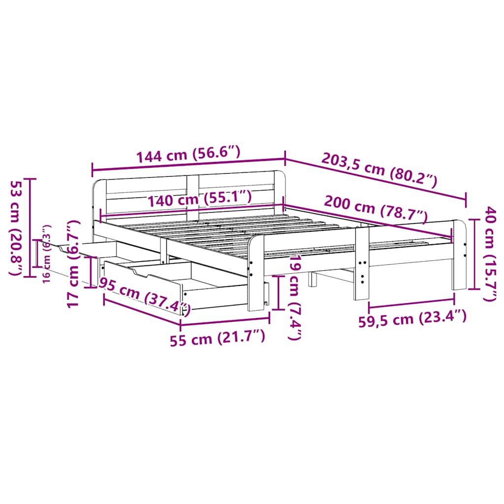 Σκελετός Κρεβατιού Χωρίς Στρώμα Καφέ 140x200 Μασίφ Ξύλο Πεύκου