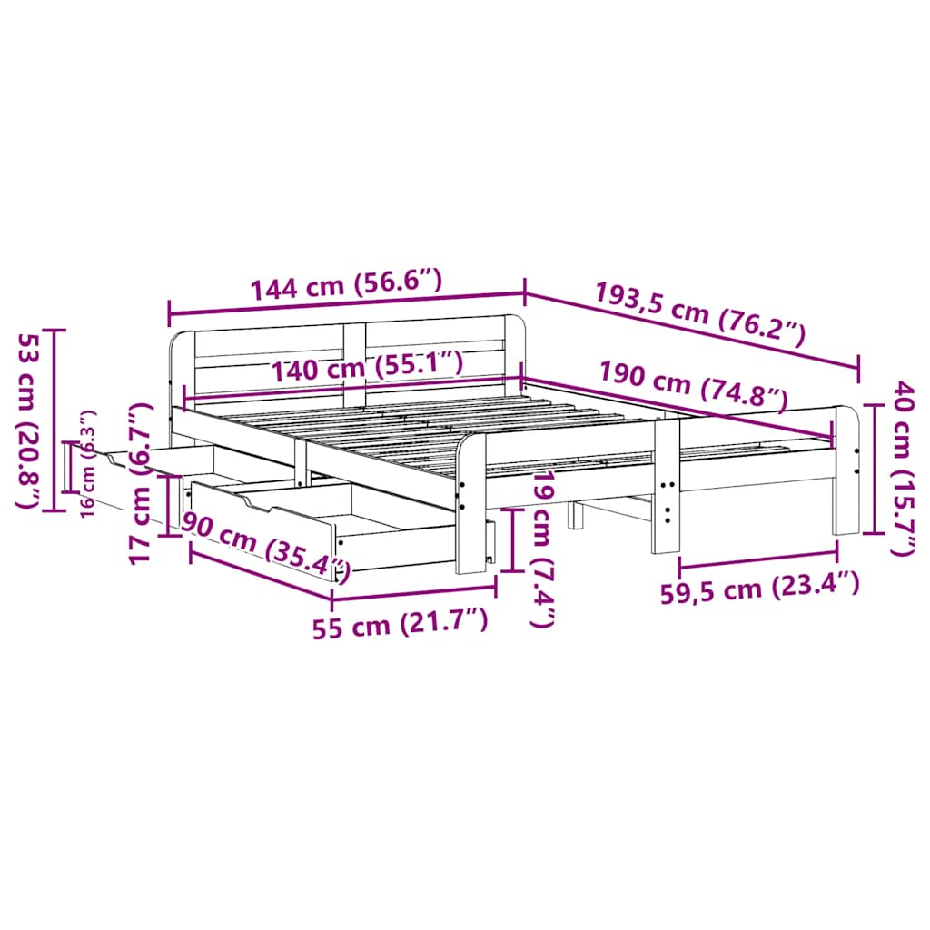 Σκελετός Κρεβατιού Χωρίς Στρώμα Καφέ 140x190 Μασίφ Ξύλο Πεύκου