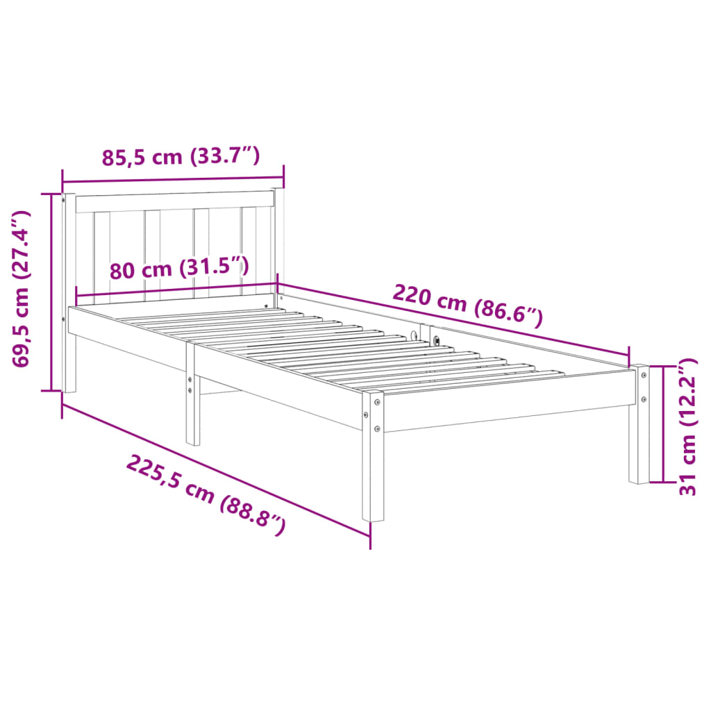 Πλαίσιο Κρεβατιού Μακρύ Χωρίς Στρώμα 80x220 εκ Μασίφ Πεύκο - Pakobazaar