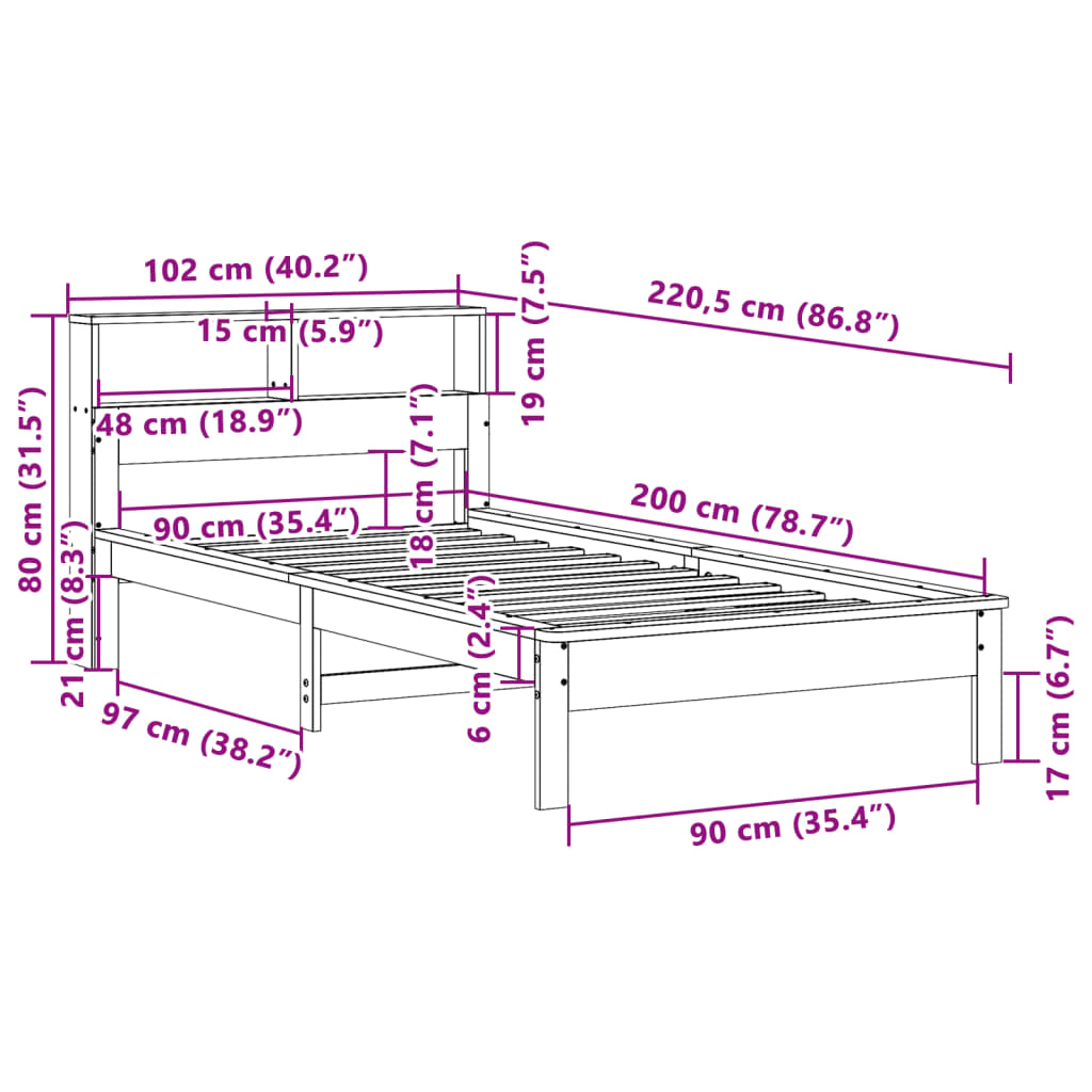 Κρεβάτι Βιβλιοθήκη Χωρίς Στρώμα 90x200 εκ Μασίφ Ξύλο Πεύκου