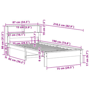Κρεβάτι Βιβλιοθήκη Χωρίς Στρώμα 75x190 εκ Μασίφ Ξύλο Πεύκου