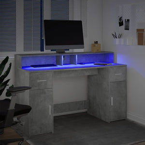 Γραφείο με LED Γκρι Σκυρόδεματος 140x55x91 εκ. Επεξεργ. Ξύλο - Pakobazaar
