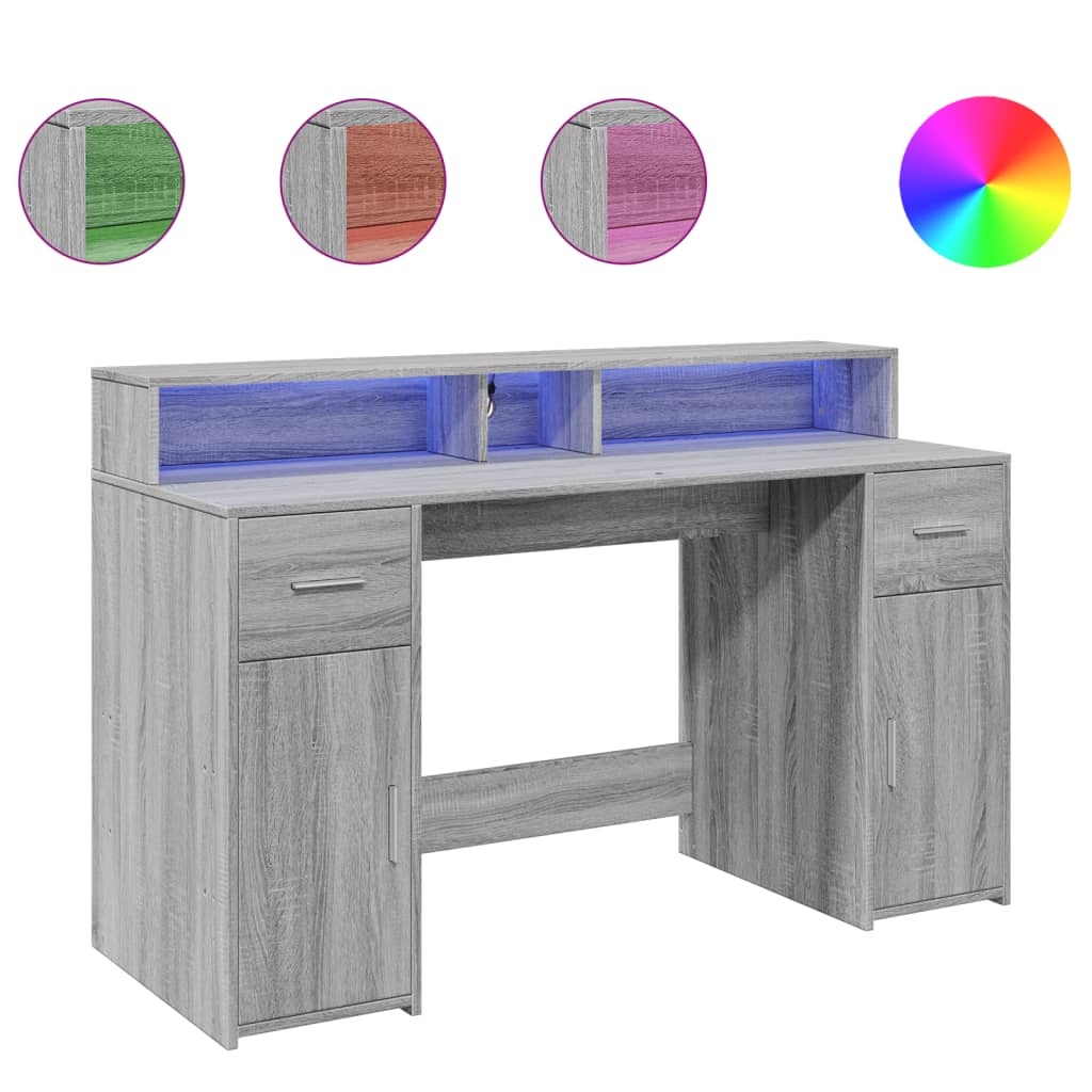Γραφείο με LED Γκρι Sonoma 140x55x91 εκ. Επεξεργ. Ξύλο
