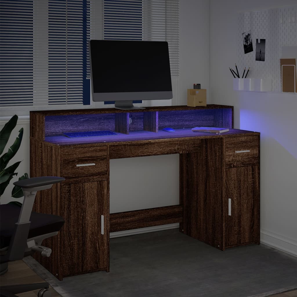 Γραφείο με LED Καφέ δρυς 140x55x91 εκ. Επεξεργ. Ξύλο