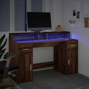Γραφείο με LED Καφέ δρυς 140x55x91 εκ. Επεξεργ. Ξύλο
