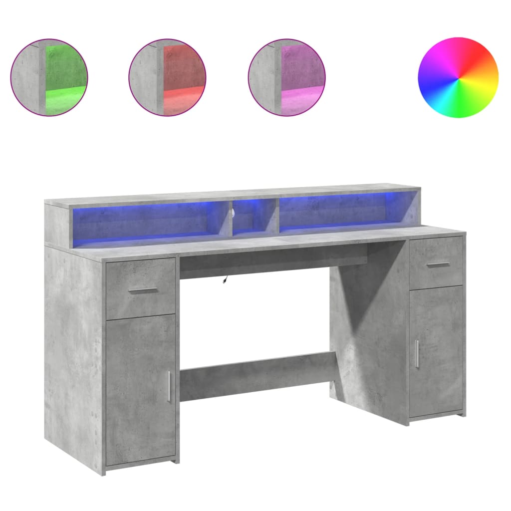 Γραφείο με LED Γκρι Σκυρόδεματος 160x55x91 εκ. Επεξεργ. Ξύλο