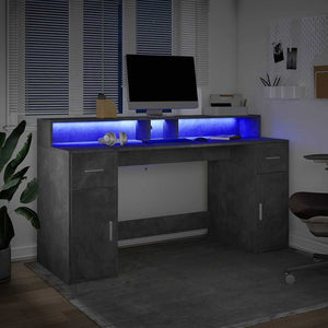 Γραφείο με LED Γκρι Σκυρόδεματος 160x55x91 εκ. Επεξεργ. Ξύλο