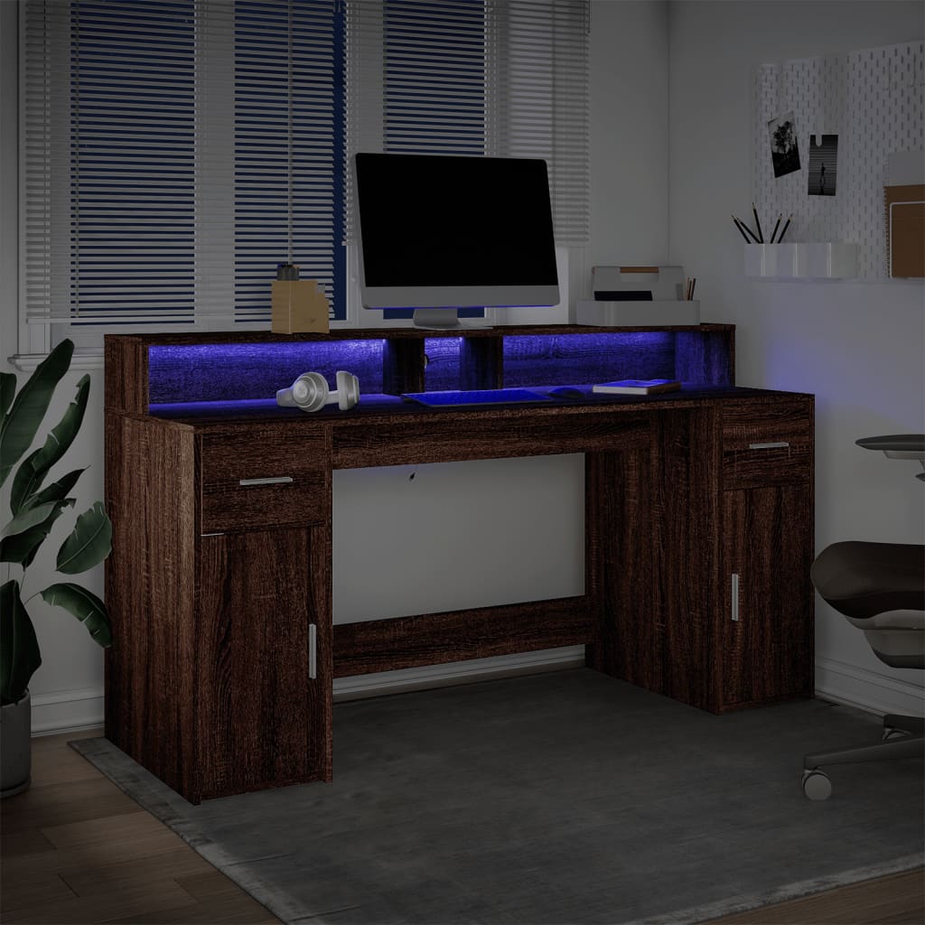 Γραφείο με LED Καφέ δρυς 160x55x91 εκ. Επεξεργ. Ξύλο