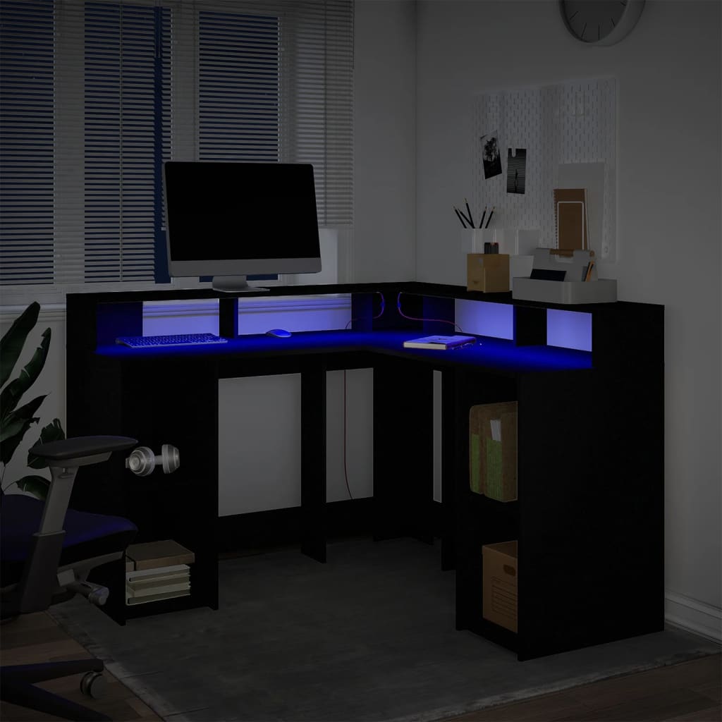 Γραφείο με LED Μαύρο 130x130x91 εκ. από Επεξεργασμένο Ξύλο