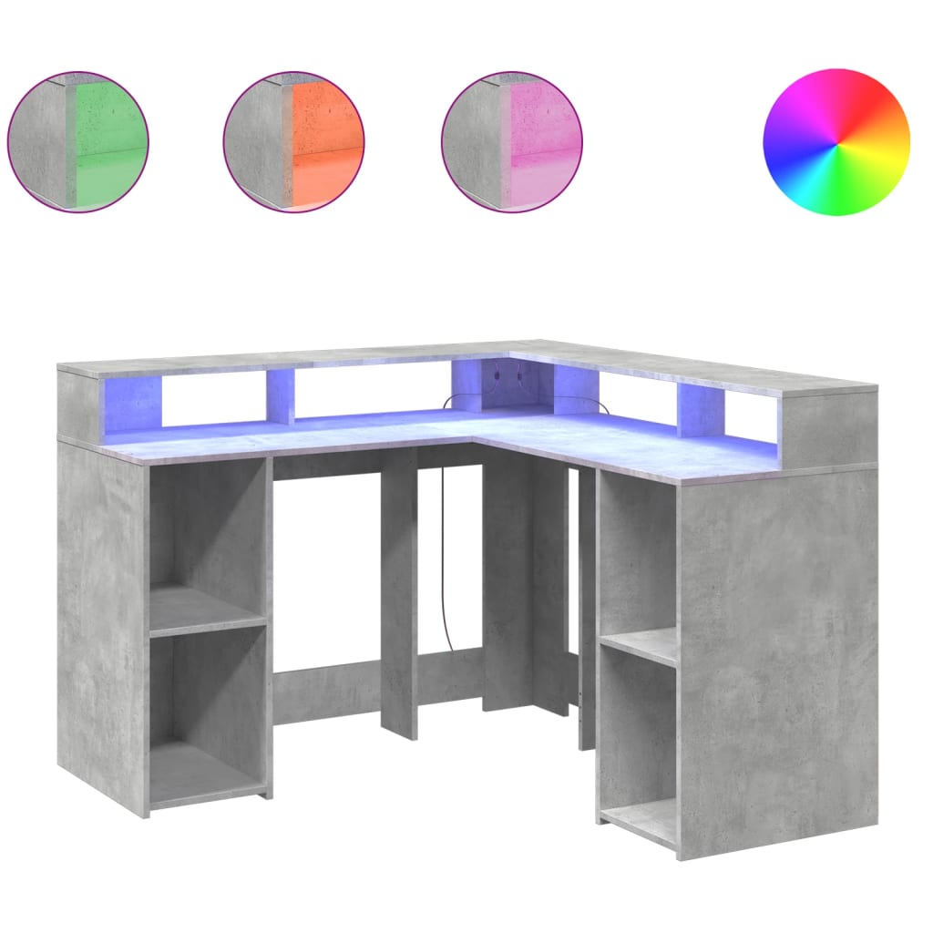 Γραφείο με LED Γκρι Σκυρόδεματος 130x130x91 εκ. Επεξεργ. Ξύλο
