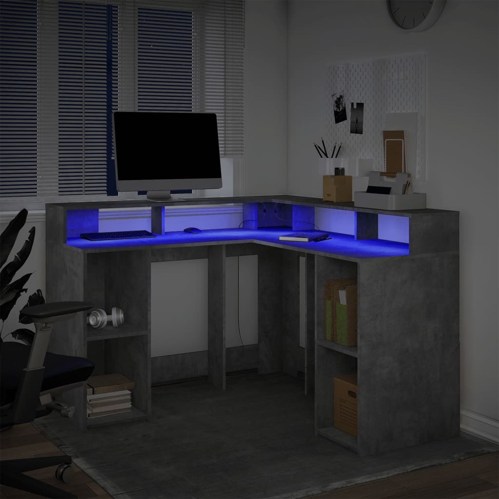 Γραφείο με LED Γκρι Σκυρόδεματος 130x130x91 εκ. Επεξεργ. Ξύλο