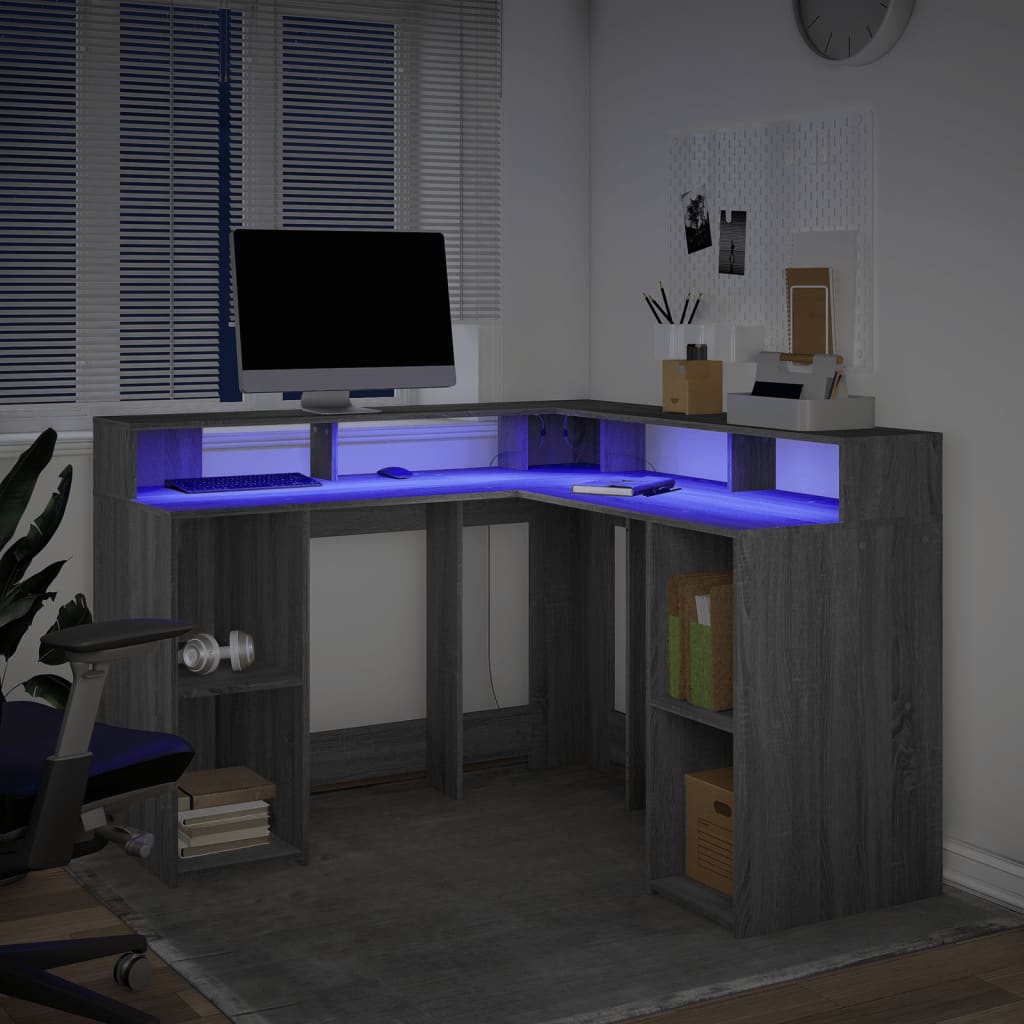 Γραφείο με LED Γκρι Sonoma 130x130x91 εκ. Επεξεργ. Ξύλο