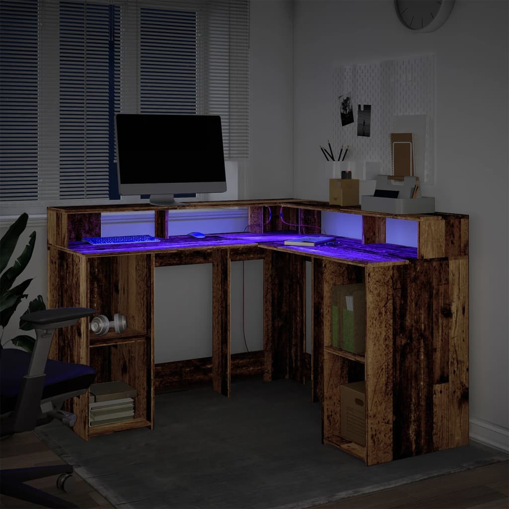 Γραφείο με LED Όψη Παλαιού Ξύλου 130x130x91 εκ. Επεξεργ. Ξύλο