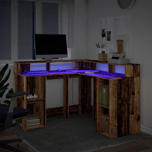 Γραφείο με LED Όψη Παλαιού Ξύλου 130x130x91 εκ. Επεξεργ. Ξύλο