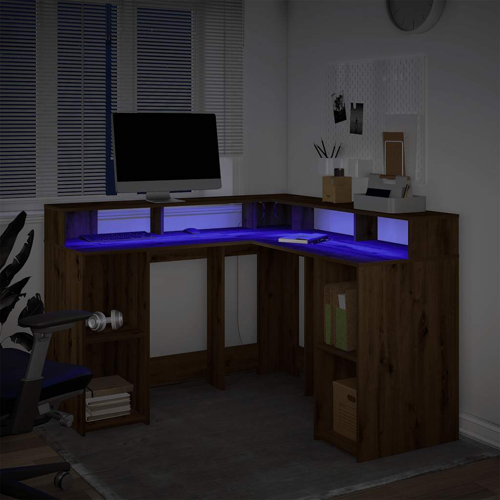 Γραφείο με LED Αρτισιανή Δρυς 130x130x91 εκ. Επεξεργ. Ξύλο