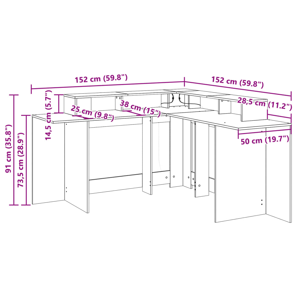 Γραφείο με LED Μαύρο 152x152x91 εκ. από Επεξεργασμένο Ξύλο