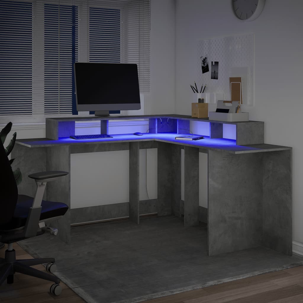 Γραφείο με LED Γκρι Σκυρόδεματος 152x152x91 εκ. Επεξεργ. Ξύλο