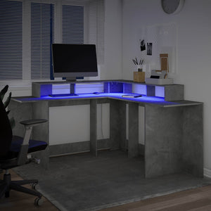 Γραφείο με LED Γκρι Σκυρόδεματος 152x152x91 εκ. Επεξεργ. Ξύλο
