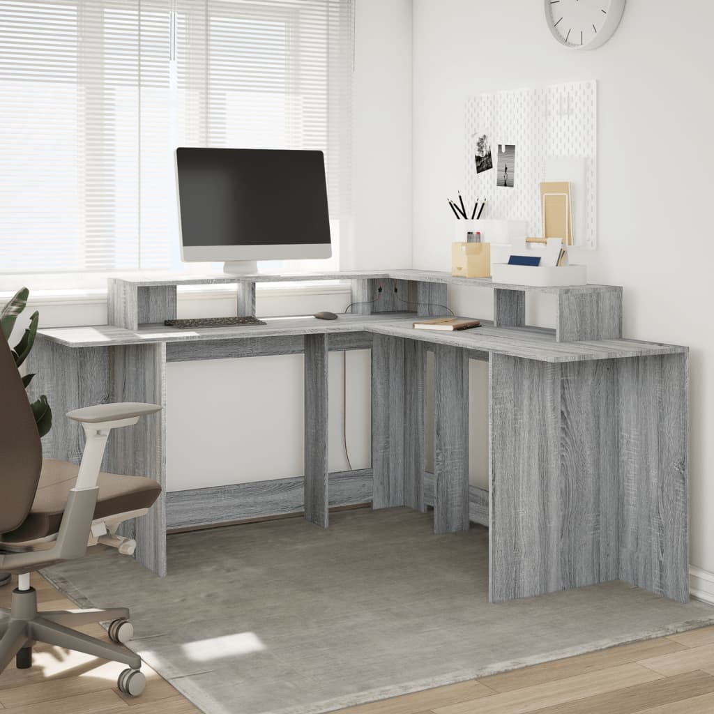 Γραφείο με LED Γκρι Sonoma 152x152x91 εκ. Επεξεργ. Ξύλο - Pakobazaar