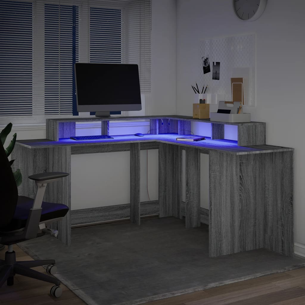 Γραφείο με LED Γκρι Sonoma 152x152x91 εκ. Επεξεργ. Ξύλο - Pakobazaar