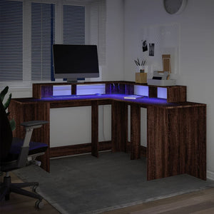 Γραφείο με LED Καφέ δρυς 152x152x91 εκ. Επεξεργ. Ξύλο