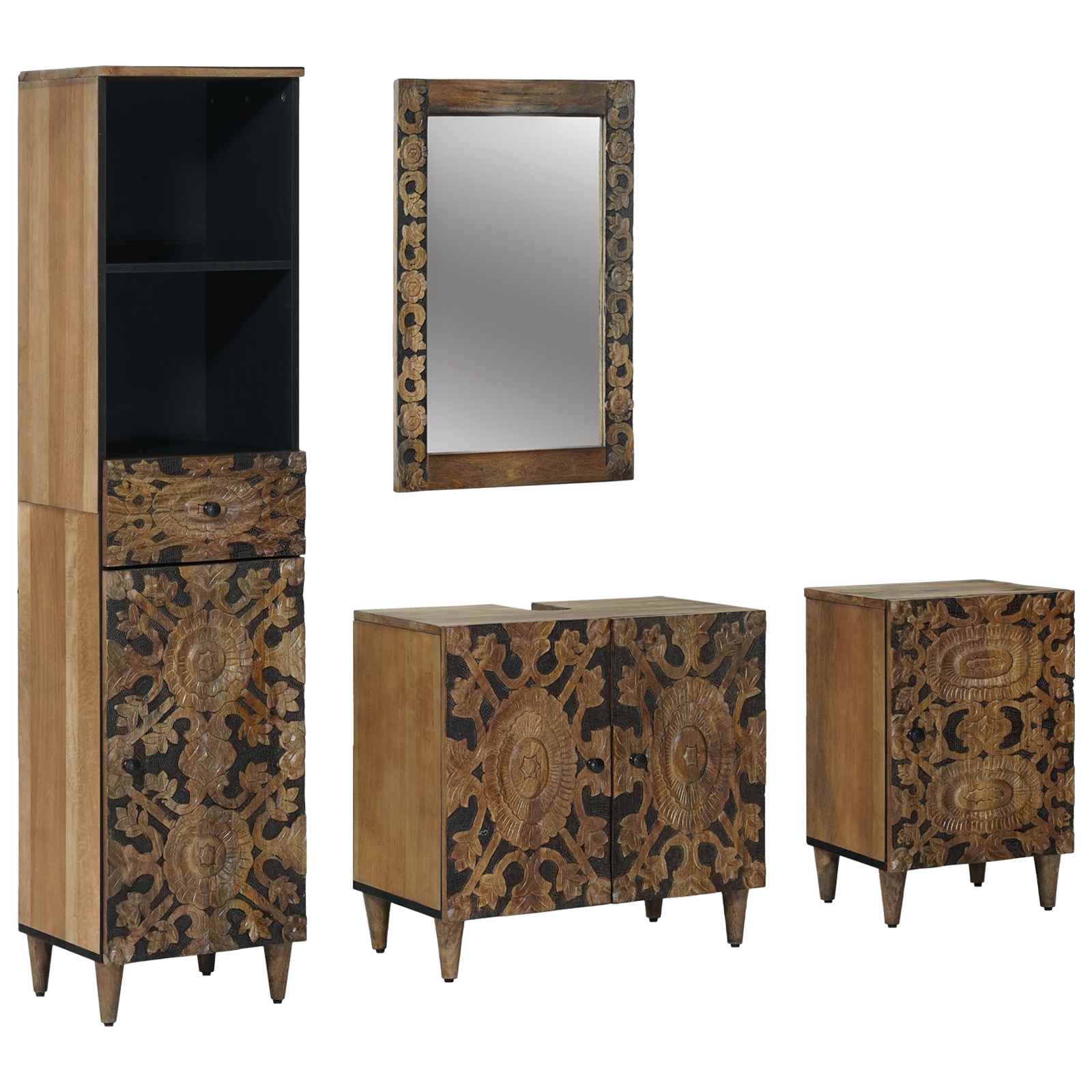 Σετ Επίπλων Μπάνιου με συρτάρι 4 pcs Καφέ Στερεό ξύλο μάνγκο - Pakobazaar