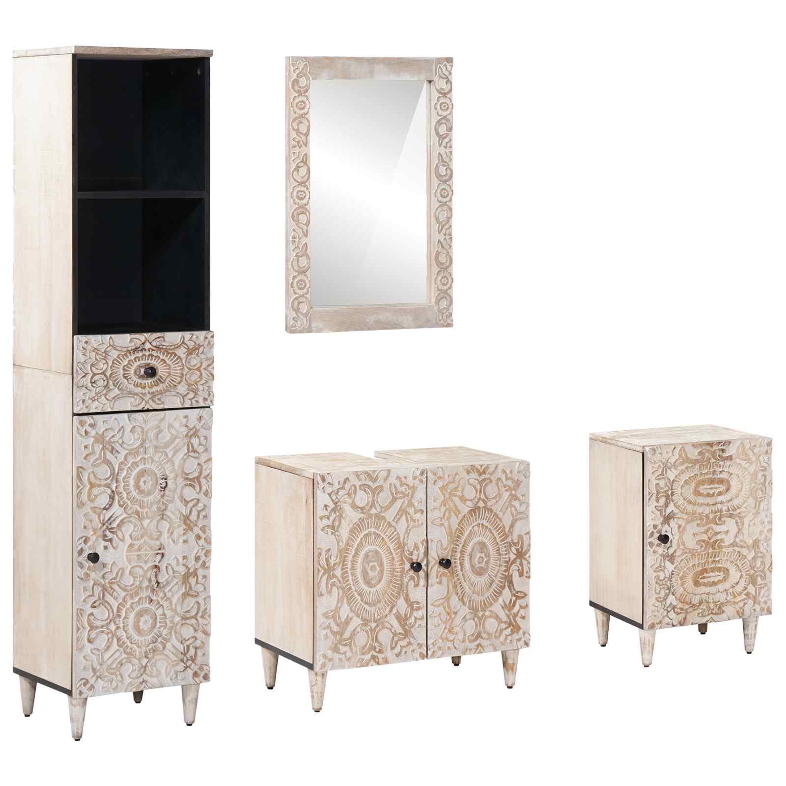 Σετ Επίπλων Μπάνιου με συρτάρι 4 pcs Λευκό Στερεό ξύλο μάνγκο - Pakobazaar