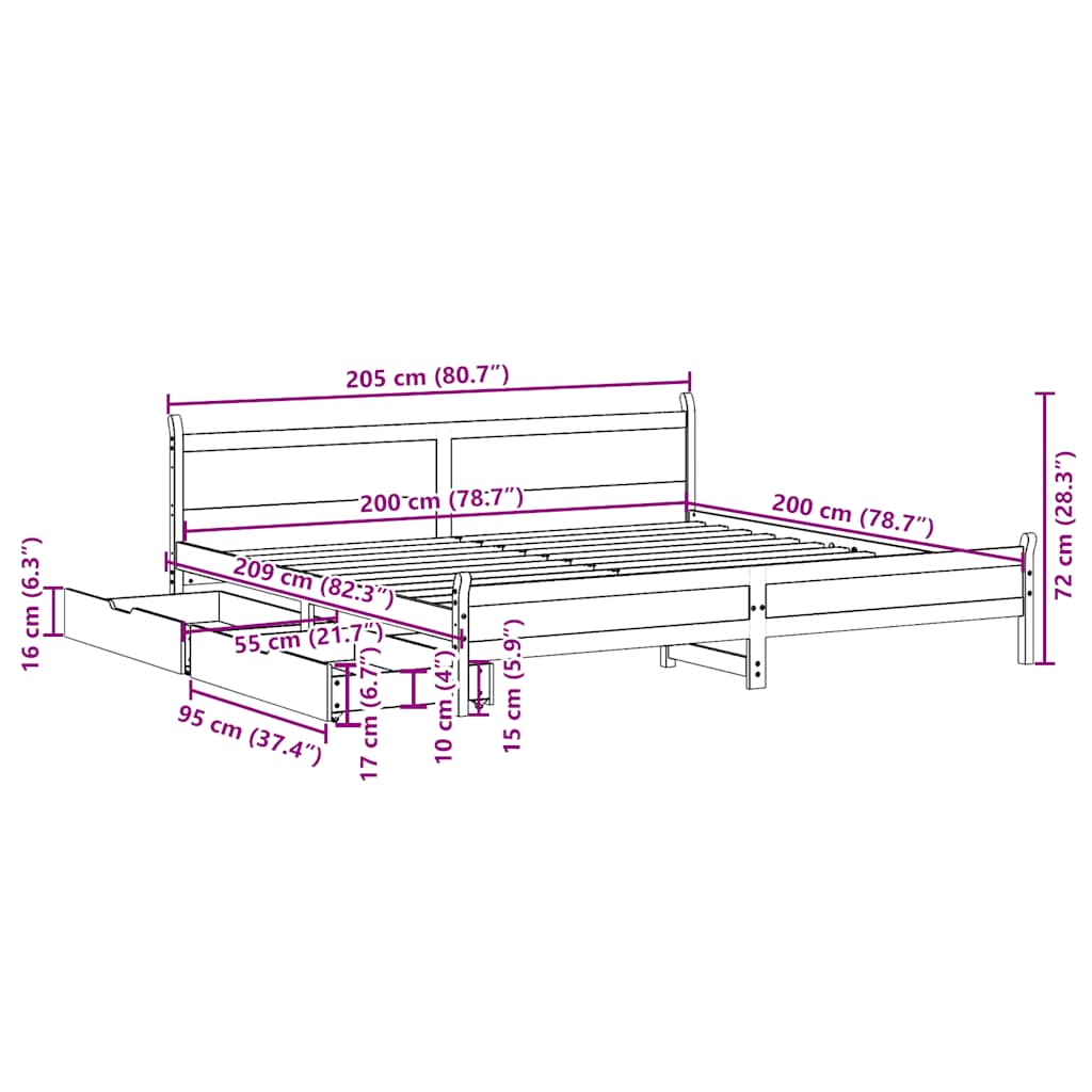 Σκελετός Κρεβ. Χωρίς Στρώμα Λευκό 200x200 εκ Μασίφ Πεύκο