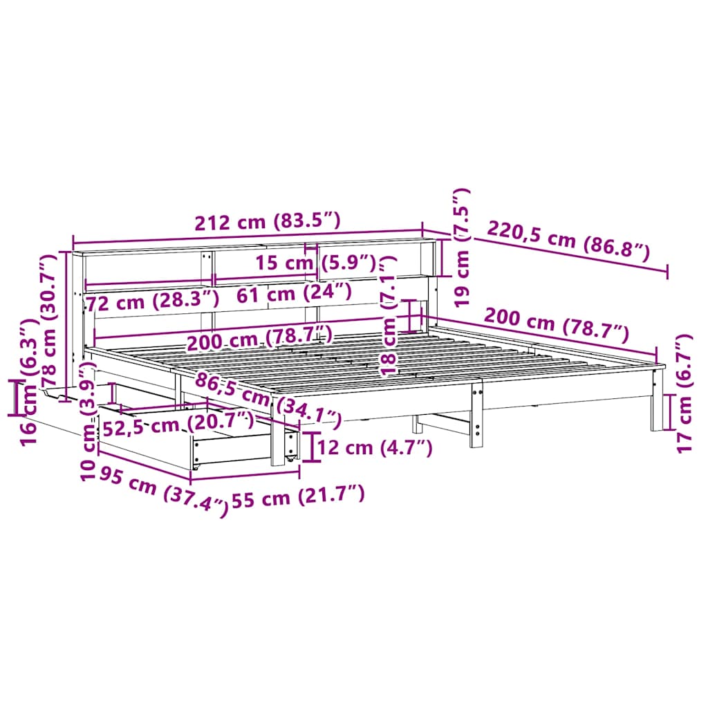 Κρεβάτι Βιβλιοθήκη Χωρίς Στρώμα 200x200 εκ Μασίφ Ξύλο Πεύκου
