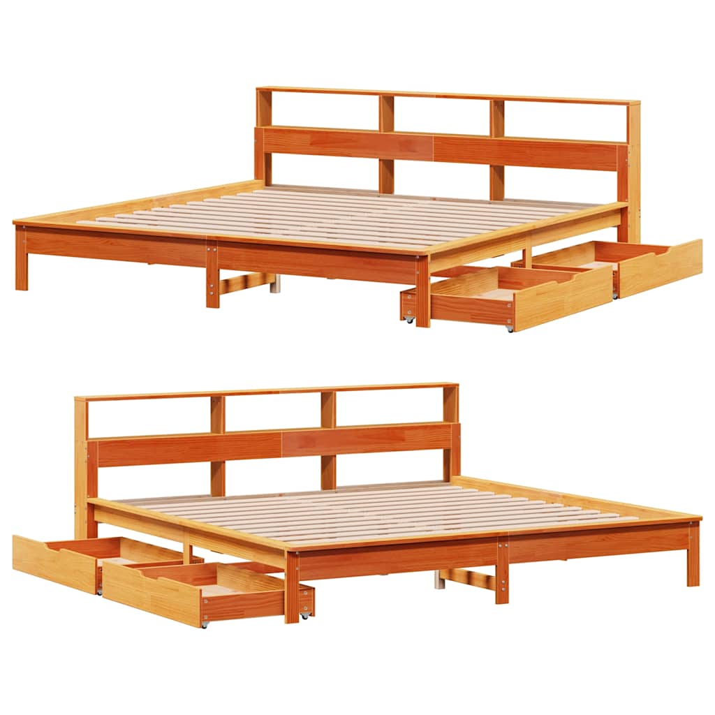 Κρεβάτι Βιβλιοθήκη Χωρίς Στρώμα 200x200 εκ Μασίφ Ξύλο Πεύκου