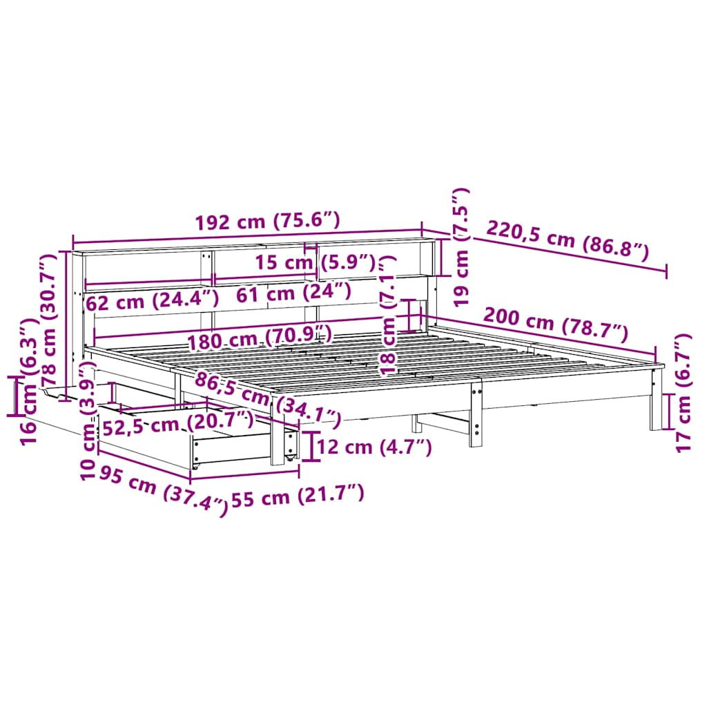 Κρεβάτι Βιβλιοθήκη Χωρίς Στρώμα 180x200 εκ Μασίφ Ξύλο Πεύκου