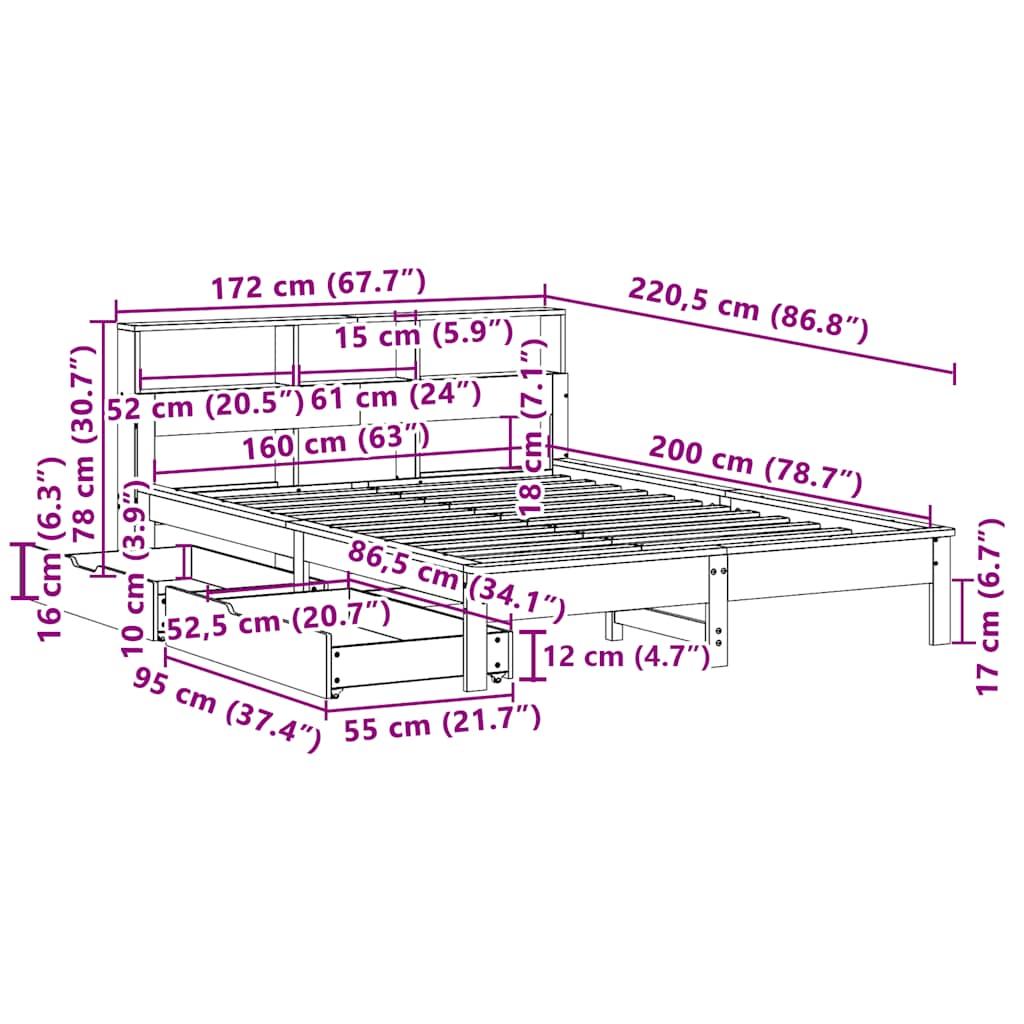 Κρεβάτι Βιβλιοθήκη Χωρίς Στρώμα 160x200 εκ Μασίφ Ξύλο Πεύκου