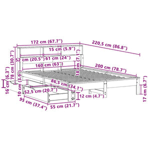 Κρεβάτι Βιβλιοθήκη Χωρίς Στρώμα 160x200 εκ Μασίφ Ξύλο Πεύκου
