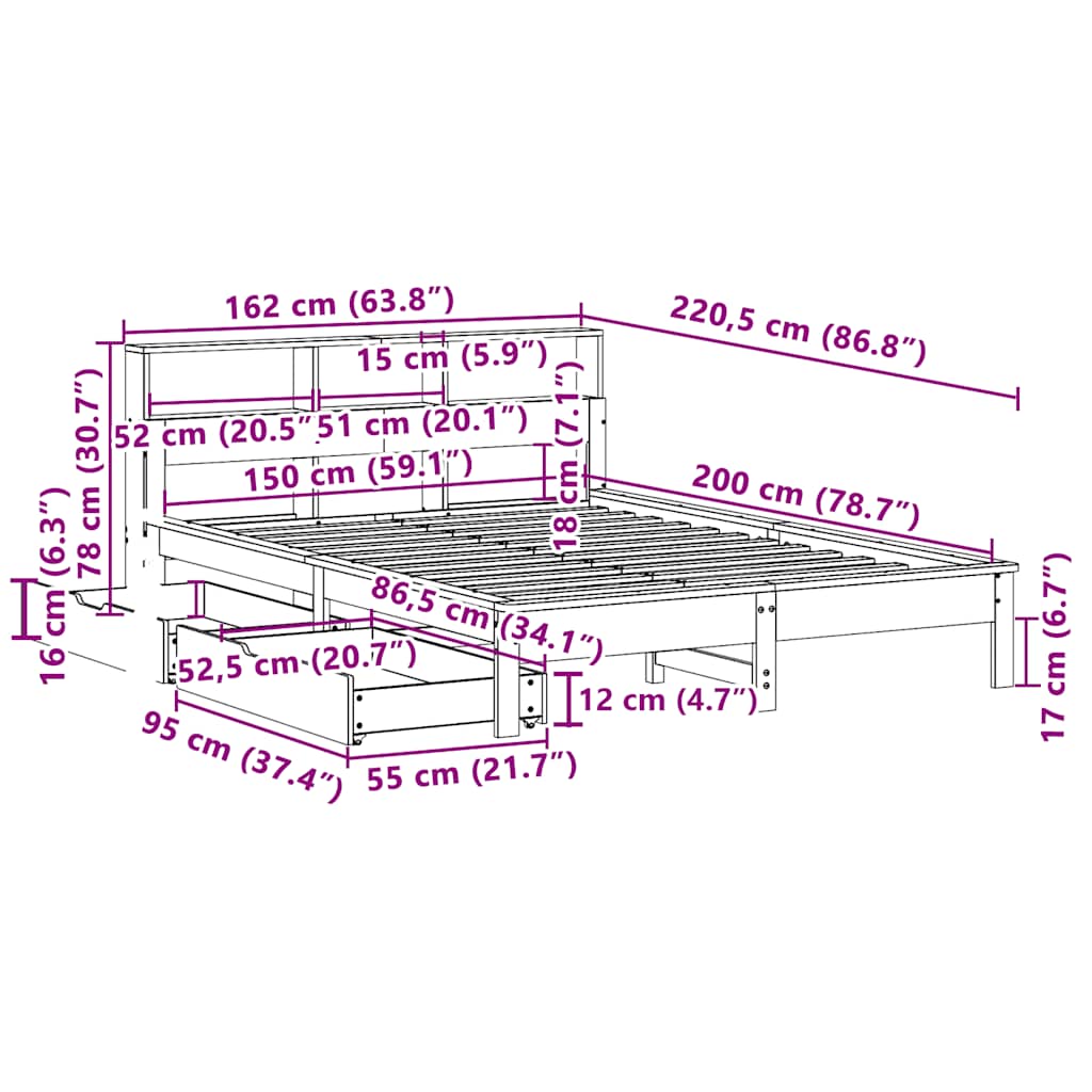 Κρεβάτι Βιβλιοθήκη Χωρίς Στρώμα 150x200 εκ Μασίφ Ξύλο Πεύκου