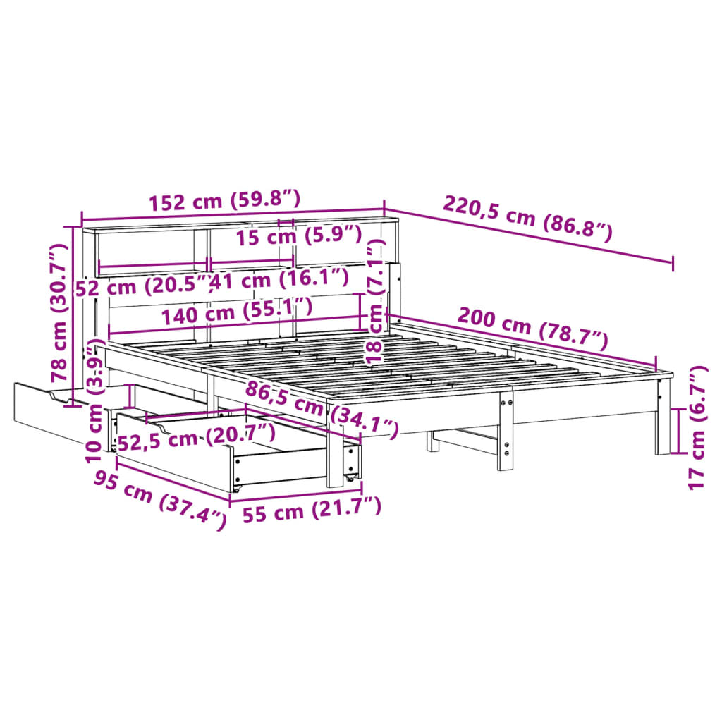 Κρεβάτι Βιβλιοθήκη Χωρίς Στρώμα 140x200 εκ Μασίφ Ξύλο Πεύκο