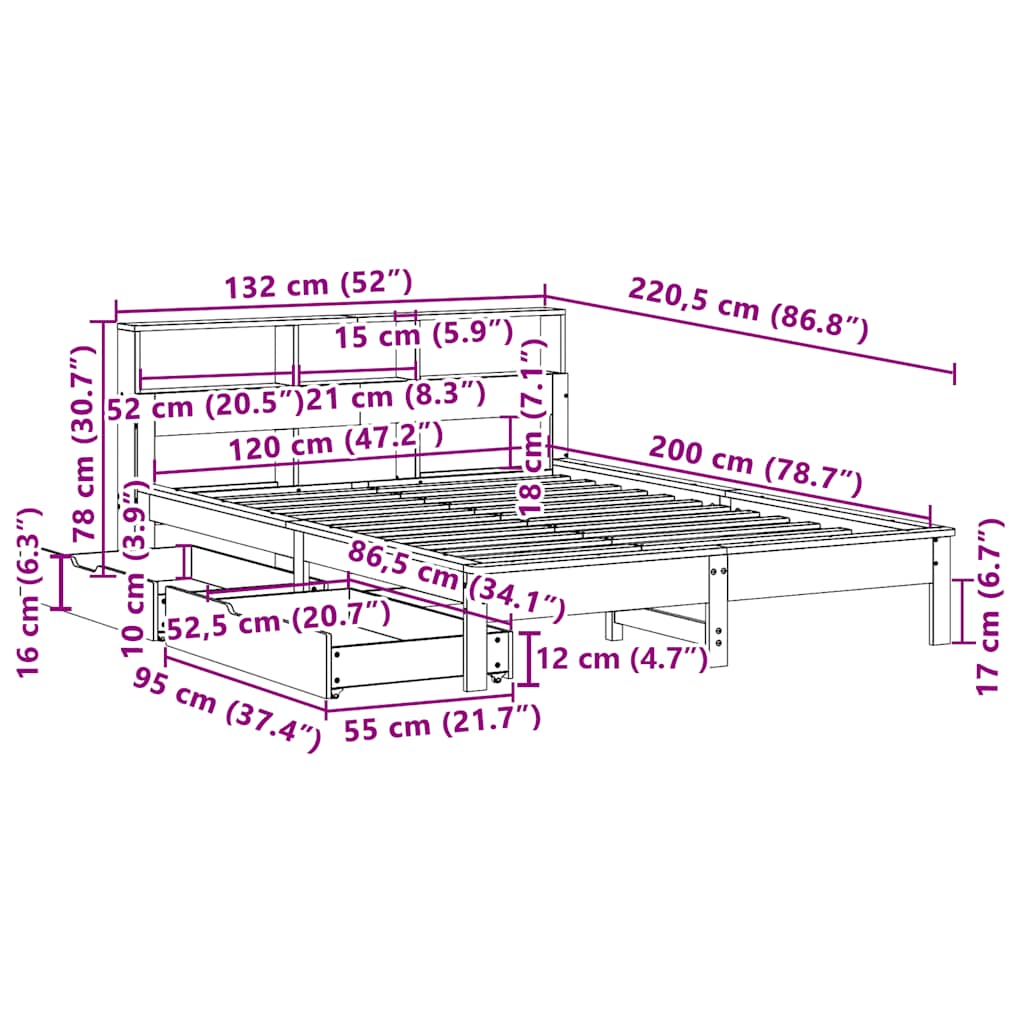 Κρεβάτι Βιβλιοθήκη Χωρίς Στρώμα 120x200 εκ Μασίφ Ξύλο Πεύκο - Pakobazaar