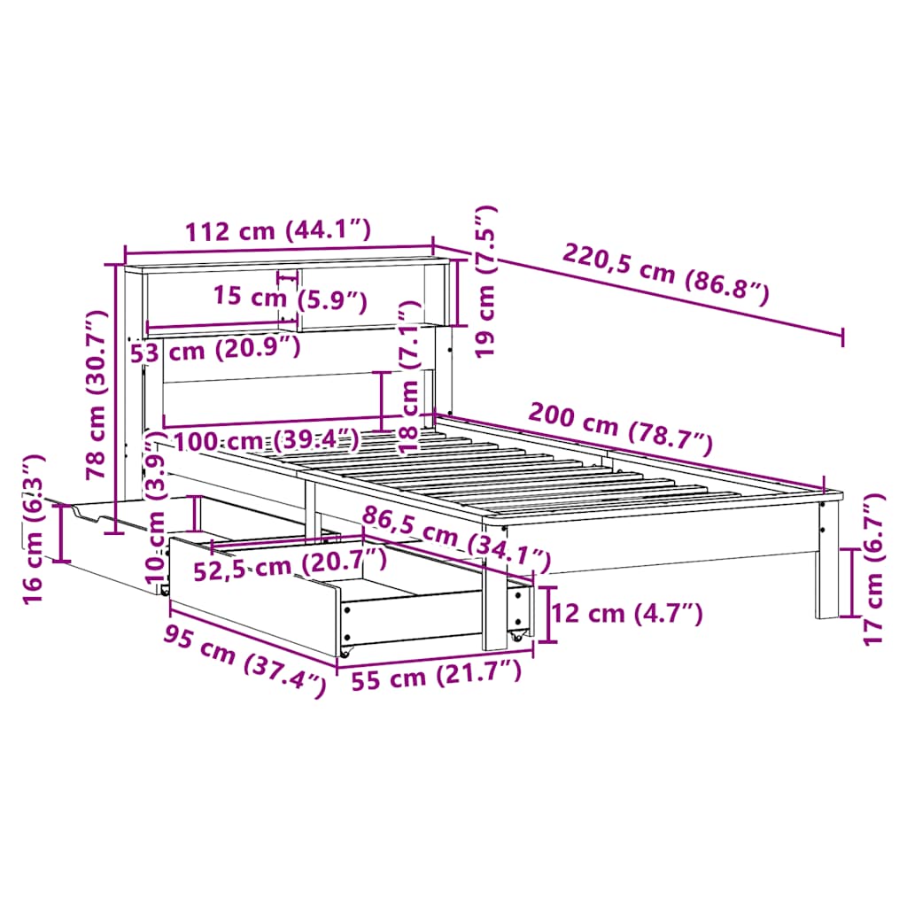 Κρεβάτι Βιβλιοθήκη Χωρίς Στρώμα 100x200 εκ. Μασίφ Ξύλο Πεύκο