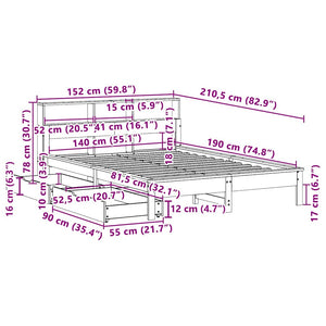 Κρεβάτι Βιβλιοθήκη Χωρίς Στρώμα 140x190 εκ Μασίφ Ξύλο Πεύκου