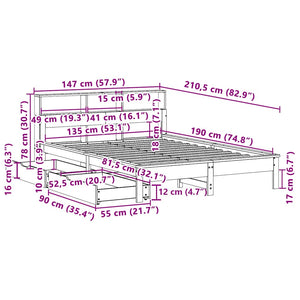 Κρεβάτι Βιβλιοθήκη Χωρίς Στρώμα 135x190 εκ Μασίφ Ξύλο Πεύκου
