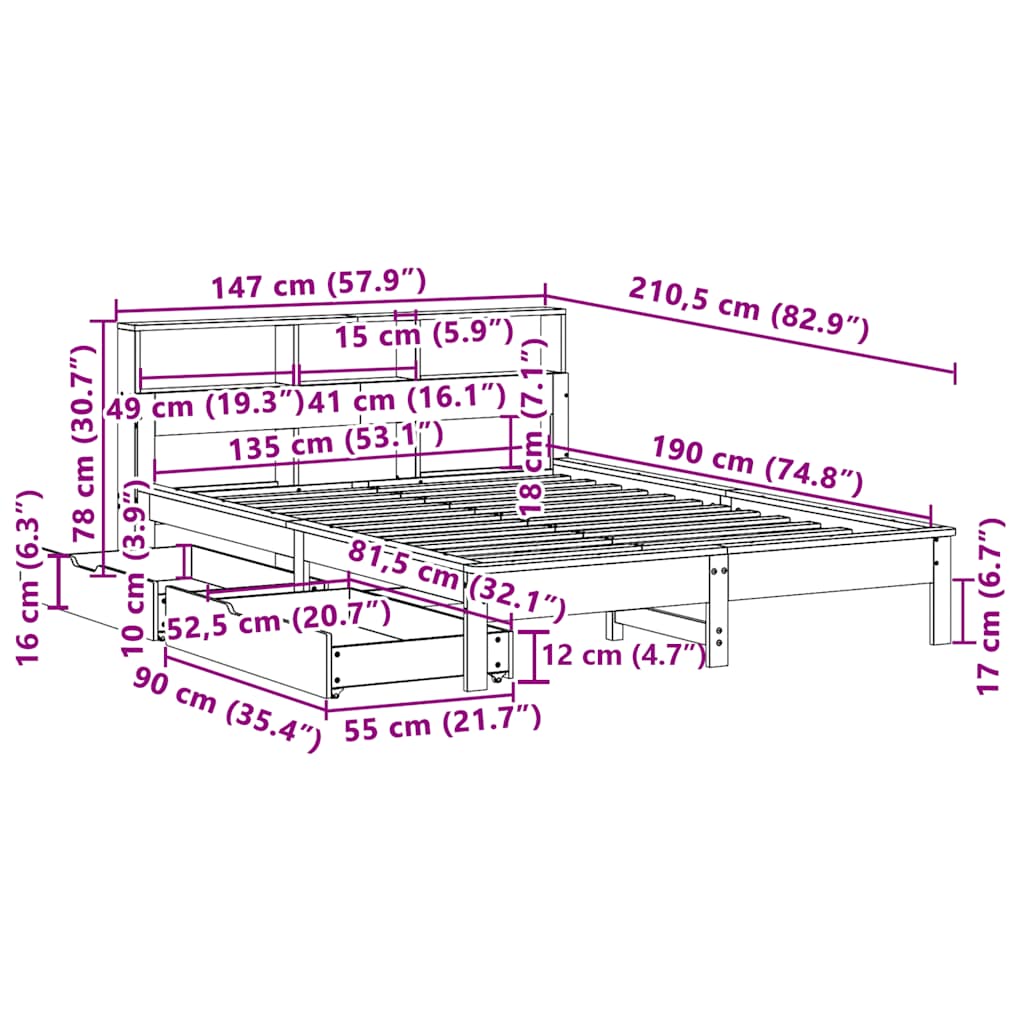 Κρεβάτι Βιβλιοθήκη Χωρίς Στρώμα 135x190 εκ Μασίφ Ξύλο Πεύκου