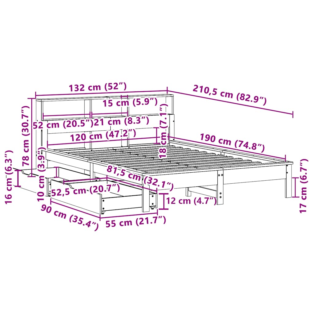 Κρεβάτι Βιβλιοθήκη Χωρίς Στρώμα 120x190 εκ Μασίφ Ξύλο Πεύκου - Pakobazaar