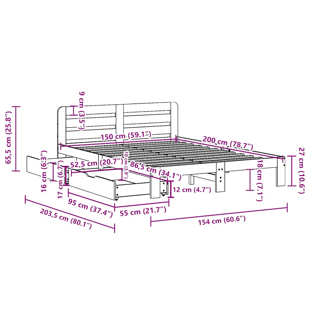 Σκελετός Κρεβ. Χωρίς Στρώμα Καφέ Κεριού 150x200 εκ Μασίφ Πεύκο