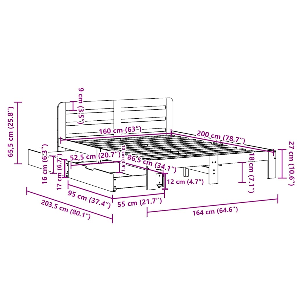 Σκελετός Κρεβ. Χωρίς Στρώμα Καφέ Κεριού 160x200 εκ Μασίφ Πεύκο