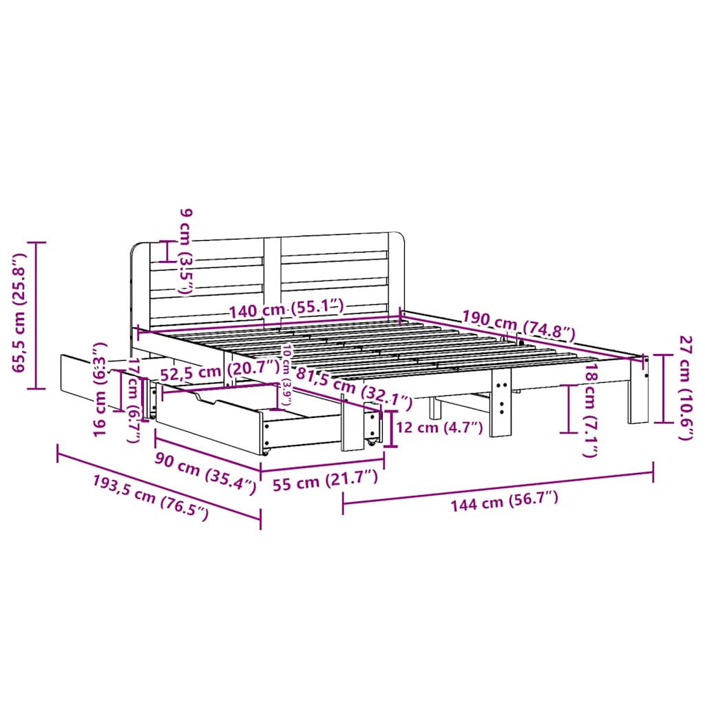 Σκελετός Κρεβ. Χωρίς Στρώμα Λευκό 140x190 εκ Μασίφ Πεύκο
