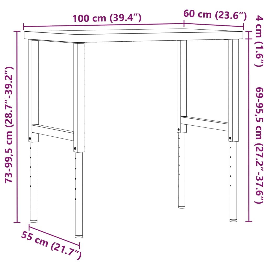 Πάγκος Εργασίας Ορθογώνιος100x60x(73-99,5)εκ Μασίφ Ξύλο Ακακίας - Pakobazaar
