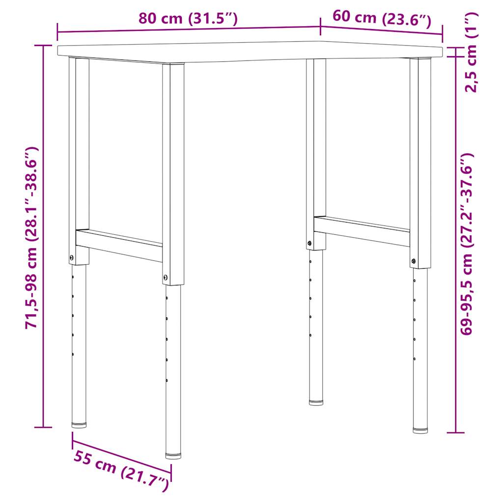 πάγκος εργασίας σκούρο καφέ 80x60x(71,5-98) cm μασίφ ξύλο δρυς