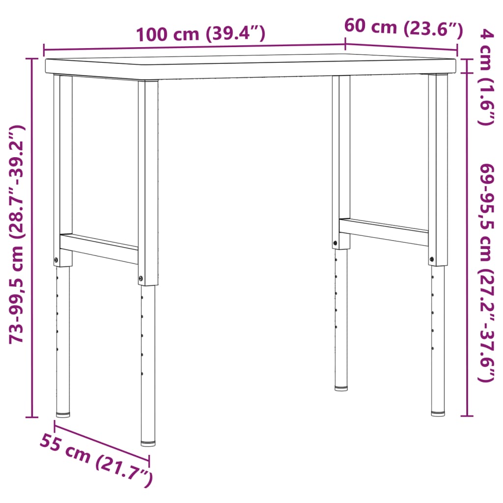 Πάγκος Εργασίας Ορθογώνιος 100x60x(73-99,5) εκ Μασίφ Ξύλο Οξιάς - Pakobazaar
