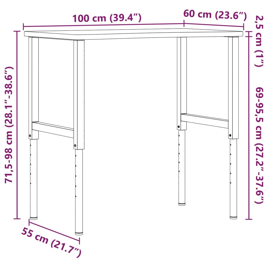 Πάγκος Εργασίας 100x(55-60)x(71,5-98) εκ. από Μασίφ Ξύλο Οξιάς