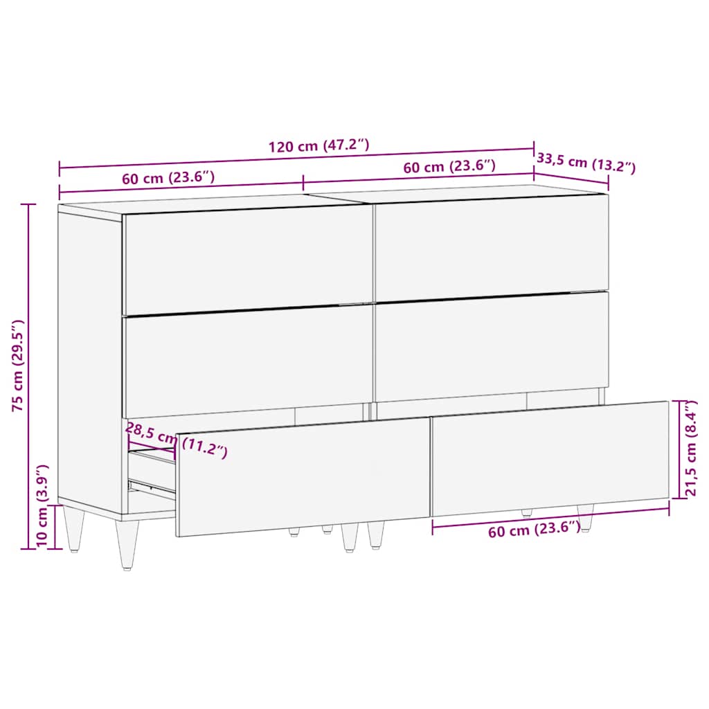Sideboards 2 τεμάχια 60x33,5x75 cm μασίφ ξύλο Mango